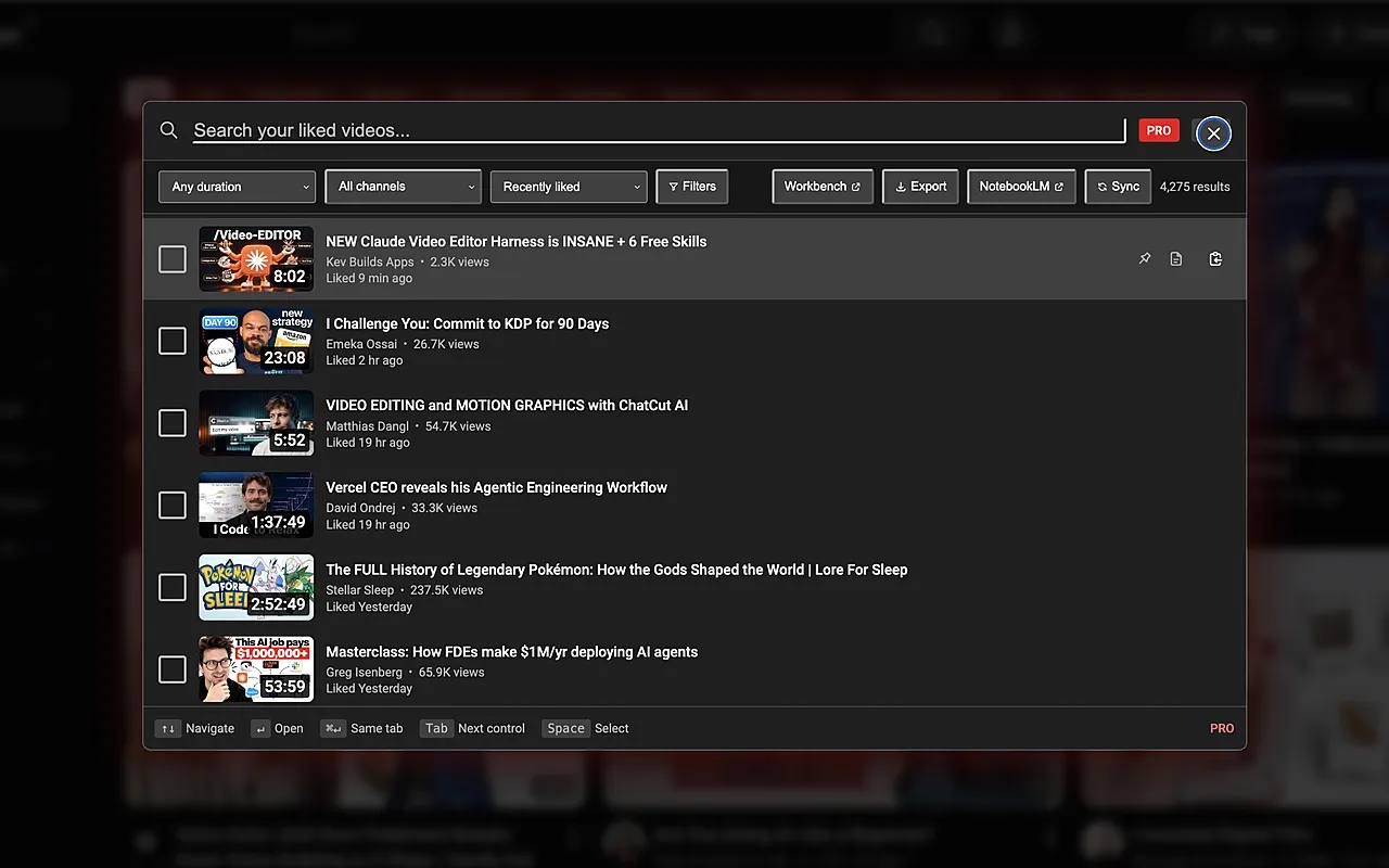 The Watchbook search panel open over YouTube, listing liked videos with duration, channel and filter controls