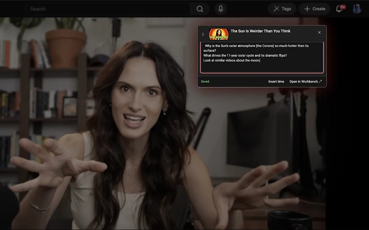 A Watchbook note card floating over a YouTube video, with three questions written while watching and the Insert time button